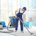 Dry cleaner's employee removing dirt from carpet in flat